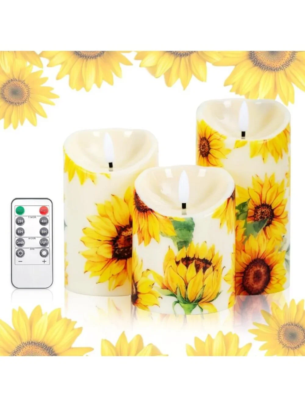 Set of 3 Sunflower Flameless LED Candles - Battery Operated Pillar Decor for